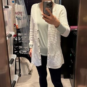 DKNY JEANS 3/4 Sleeve Ivory Crochet Cardigan Long Length